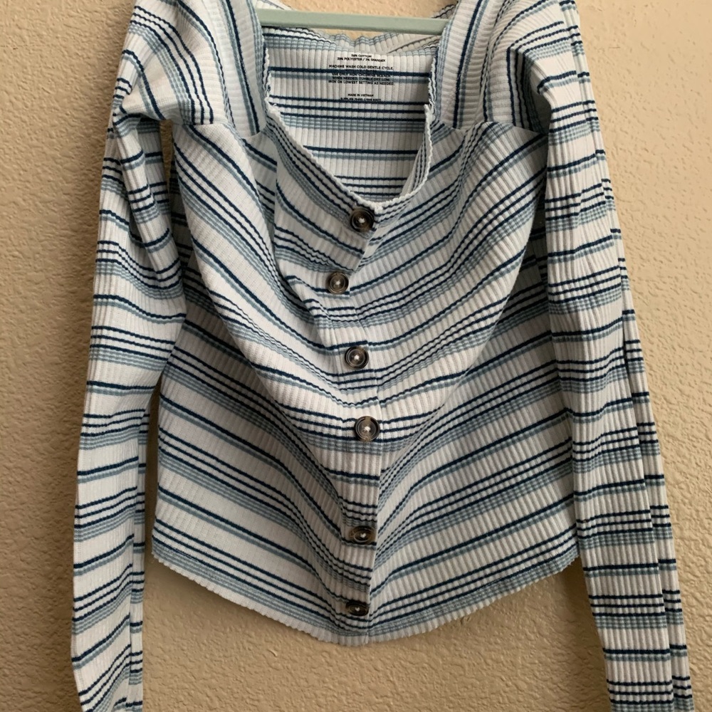 blue stripe off the shoulder top